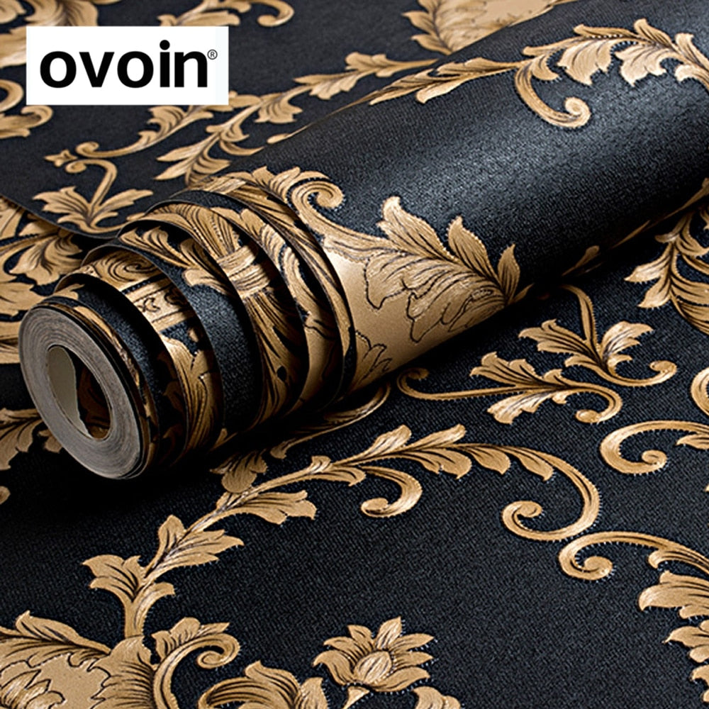 3D Embossed Black and Gold Vinyl Wallpaper Roll by HitMyNeed