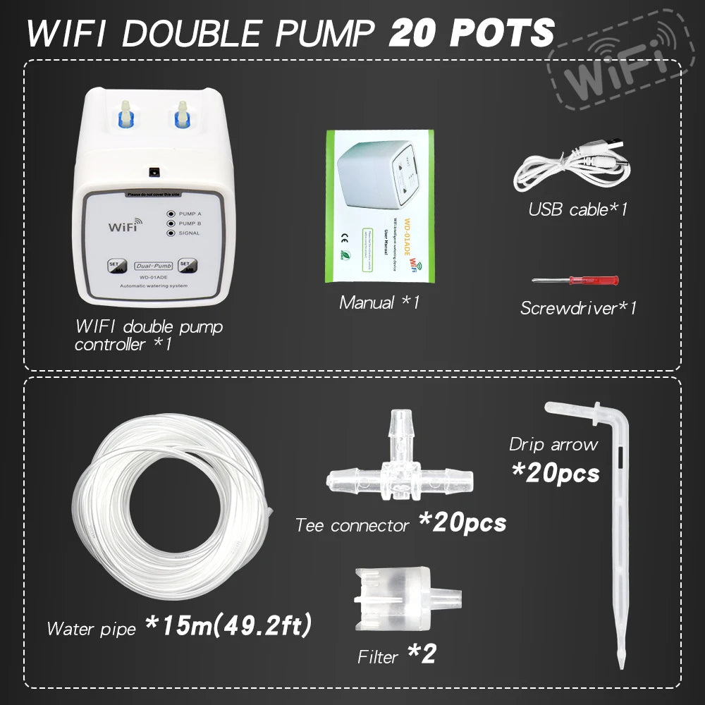 WiFi Drip Irrigation Kit, Dual Pump for 20 Plants by Smart Deals Picks